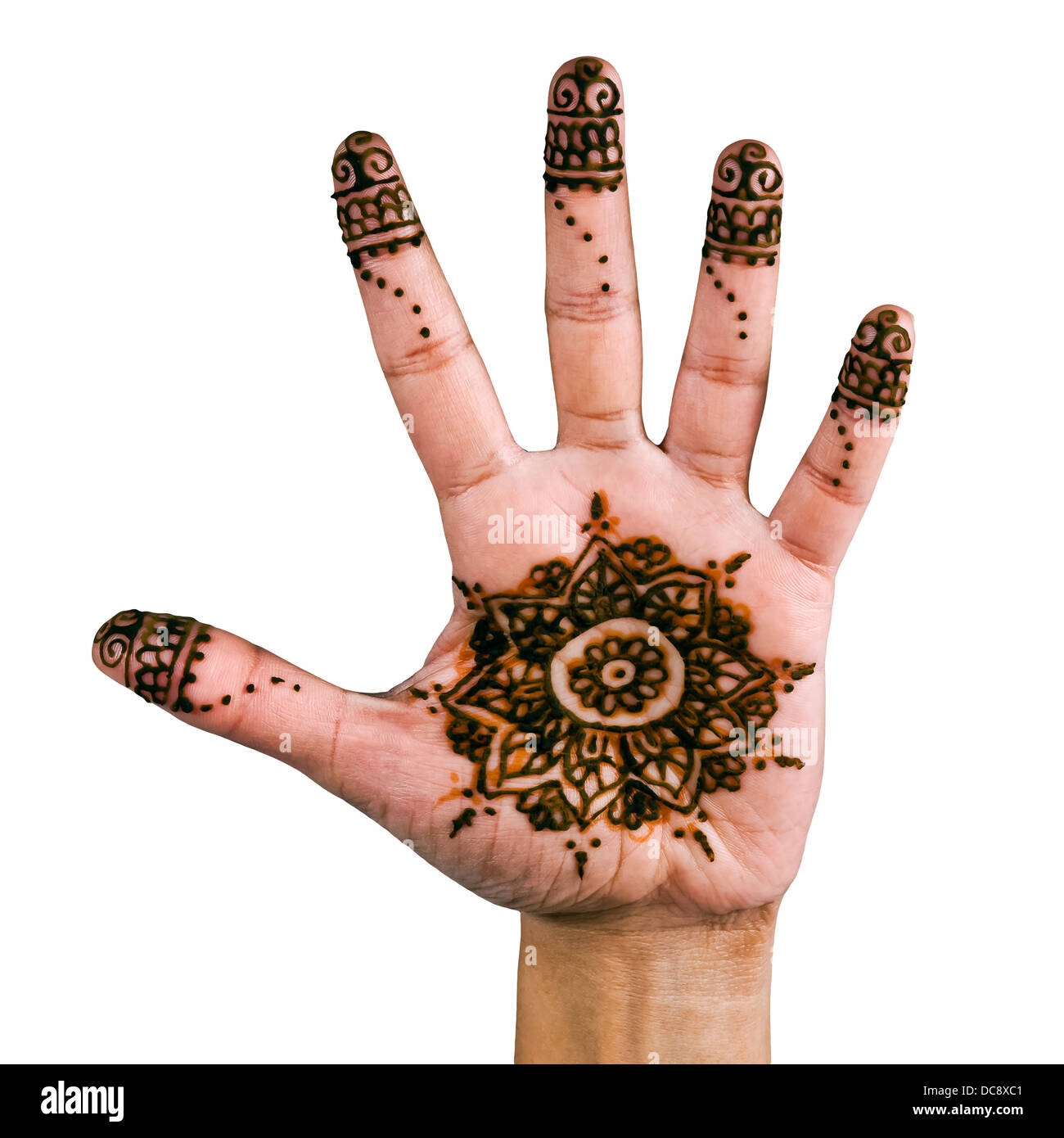Conception de henné sur la paume de la main - isolé en blanc Banque D'Images