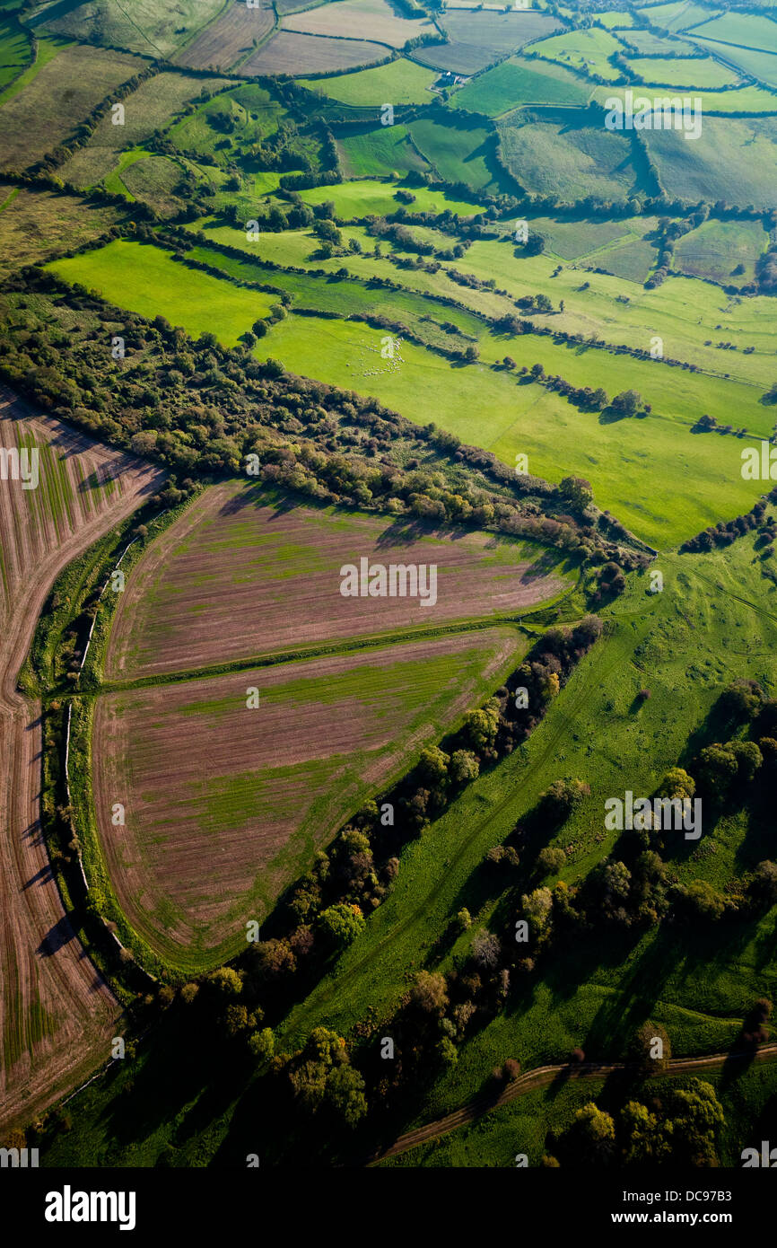 Vue aérienne des terres agricoles dans la région de Somerset, Royaume-Uni. Banque D'Images