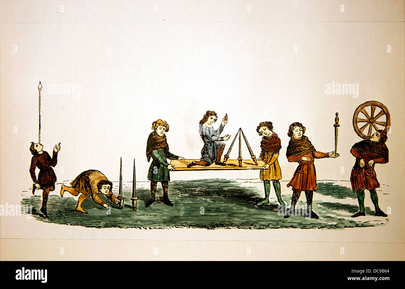 Période médiévale. Feats dans l'équilibrage. Manuscrit anglais. 13e siècle. Des amuseurs publics. Banque D'Images