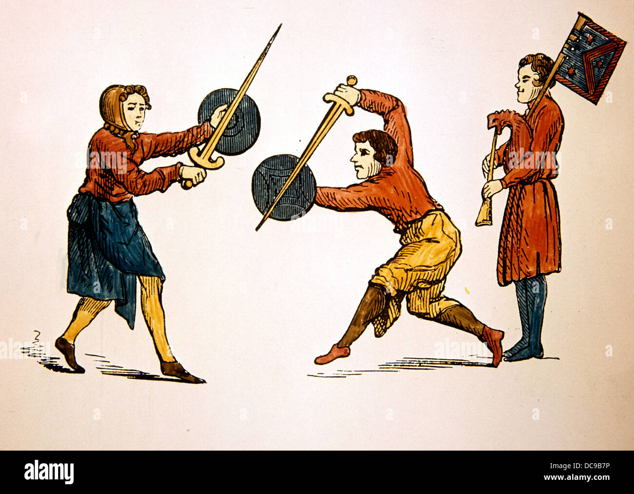 Période médiévale. Danse de l'épée au son de la cornemuse. 14e siècle. Des amuseurs publics. Banque D'Images