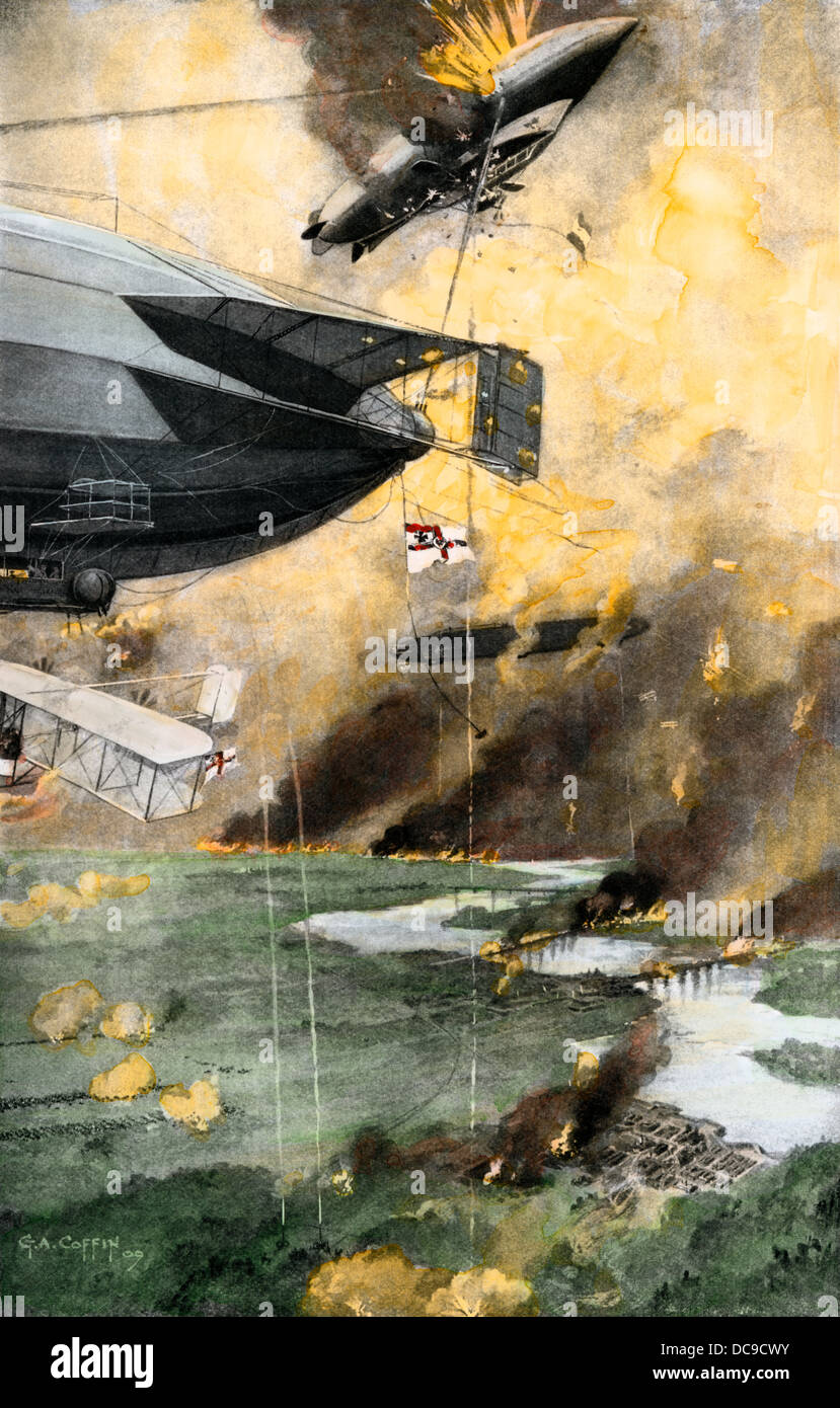 La guerre aérienne imaginés dans 1909 : un biplan, dirigeable, anti-aériens, des bombes. Reproduction d'une demi-teinte couleur G.A. Coffin illustration Banque D'Images