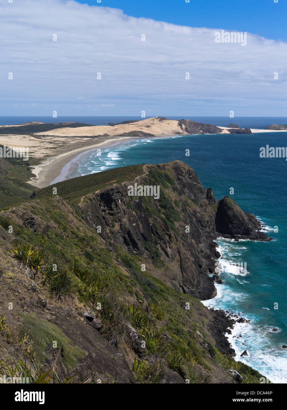 Dh Te Werahi Plage du cap Reinga Nouvelle-zélande falaise, chemin des dunes de sable et pointe Banque D'Images