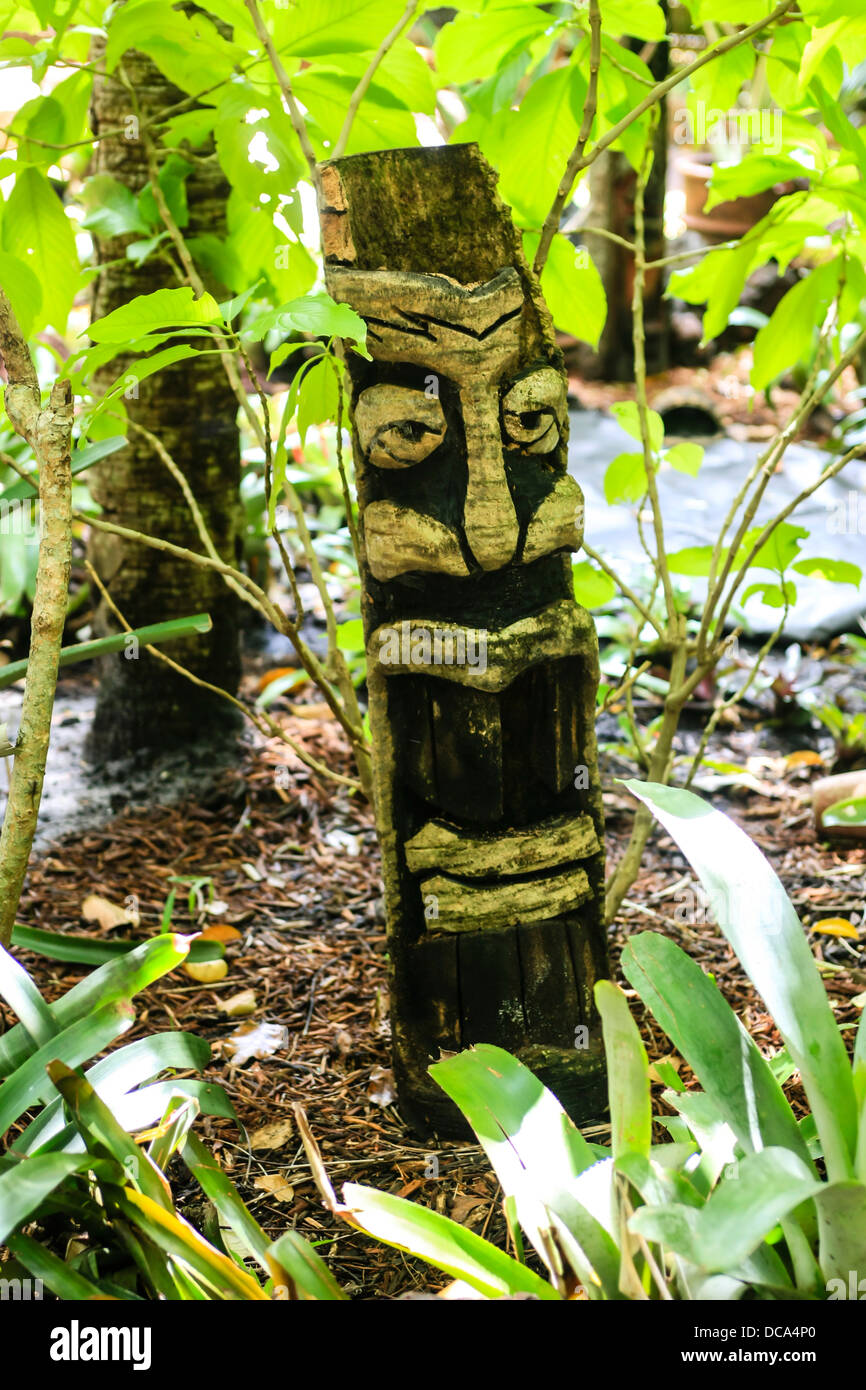 Sculpture en bois sculpté Tiki polynésien sur l'affichage dans une jungle garden Banque D'Images