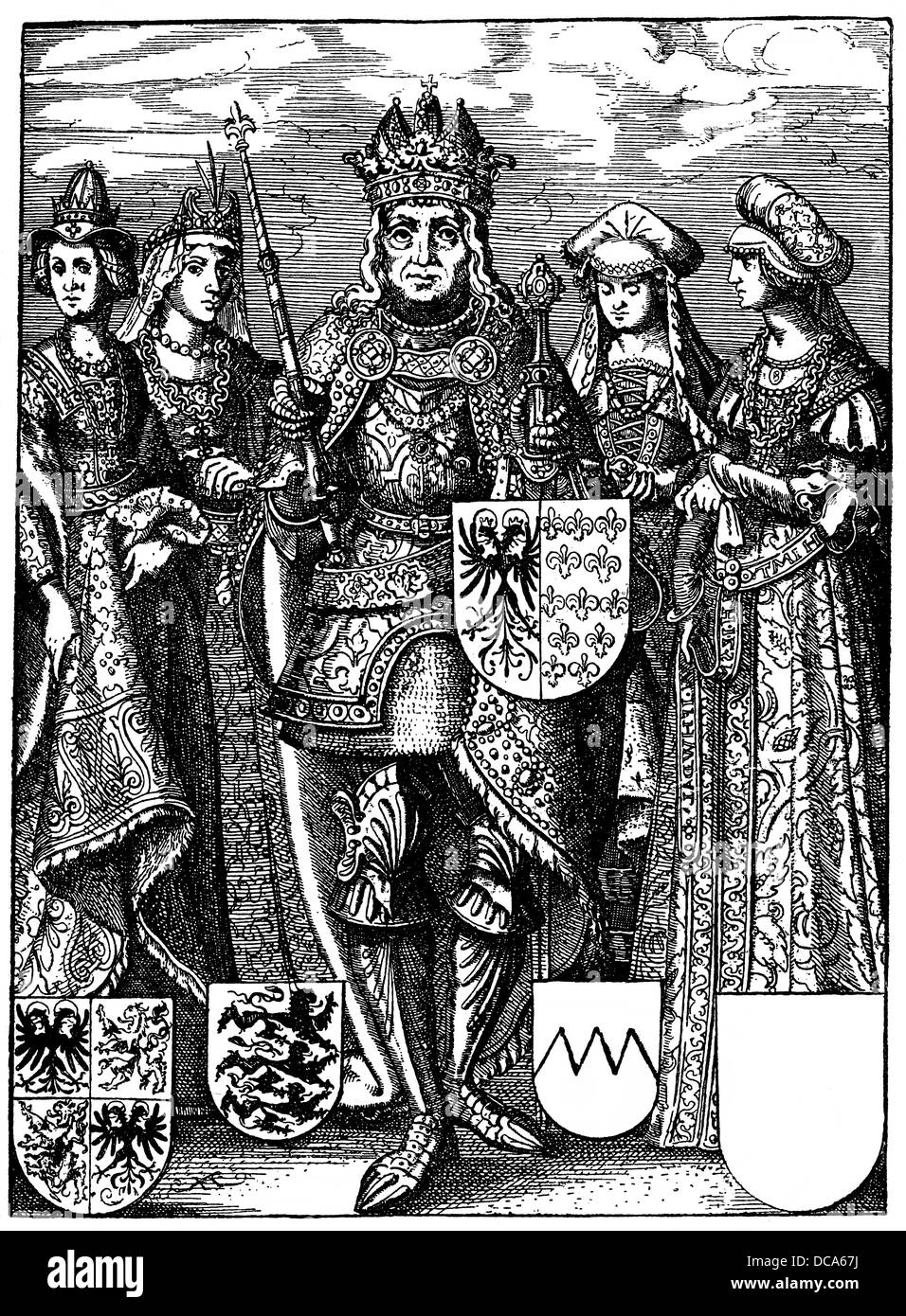 Charles le Grand, Carolus Magnus, Charlemagne ou 747 - 814, le Roi des Francs et Empereur Romain, avec ses 4 épouses Banque D'Images
