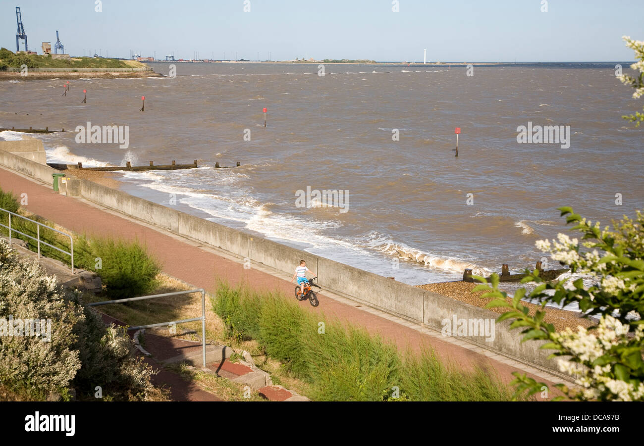 Vélo garçon pas de mains sur le front de l'avenue Dovercourt Harwich Angleterre Essex Banque D'Images