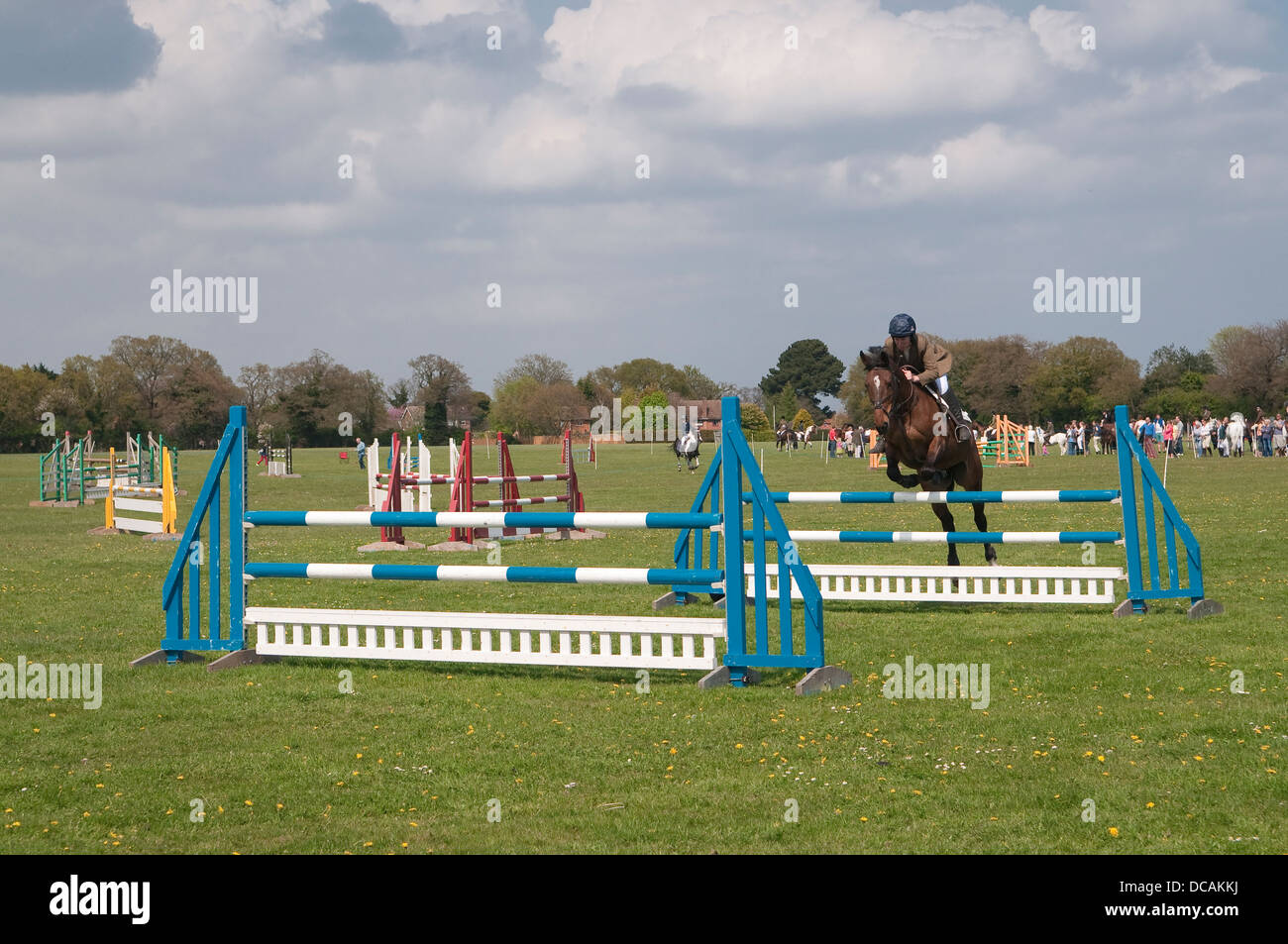 Horse rider au cours de concours de sauts à la Suffolk Horse Show. Showgrounds Ipswich, Suffolk, UK. Banque D'Images