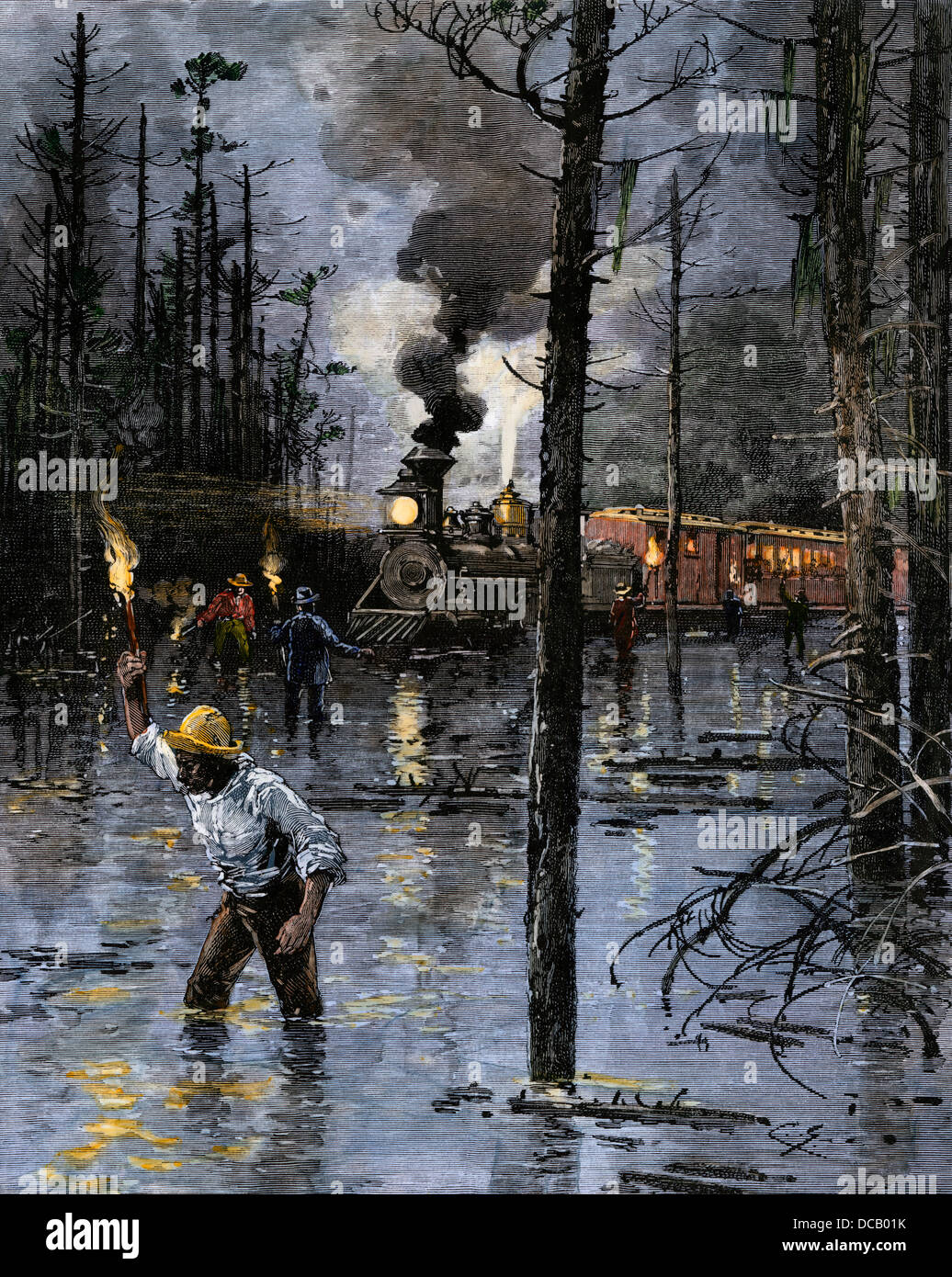 Railroad train immobilisé par des inondations dans l'Alabama, 1880. À la main, gravure sur bois Banque D'Images