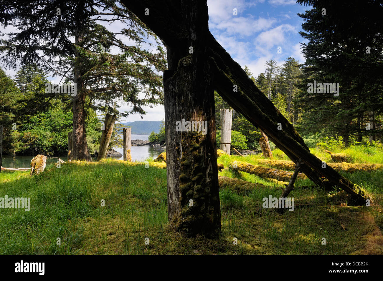 SGang Gwaay Island Le parc national Gwaii Haanas demeure 6-faisceau longue maison du chef Haida Gwaii Queen Charlotte Islands BC Canada Banque D'Images