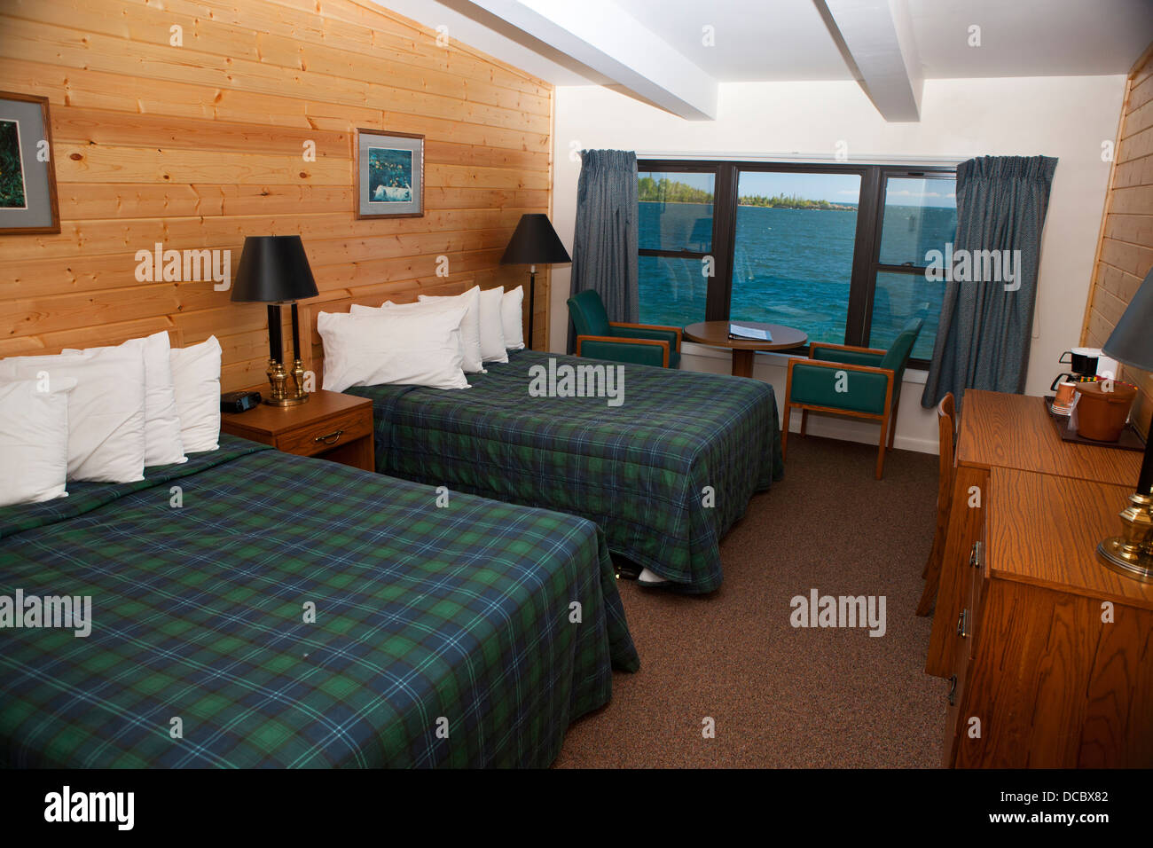 Les chambres de l'Harbour Rock Lodge avec vue sur le port de roche, l'Isle Royale National Park, Michigan, United States of America Banque D'Images