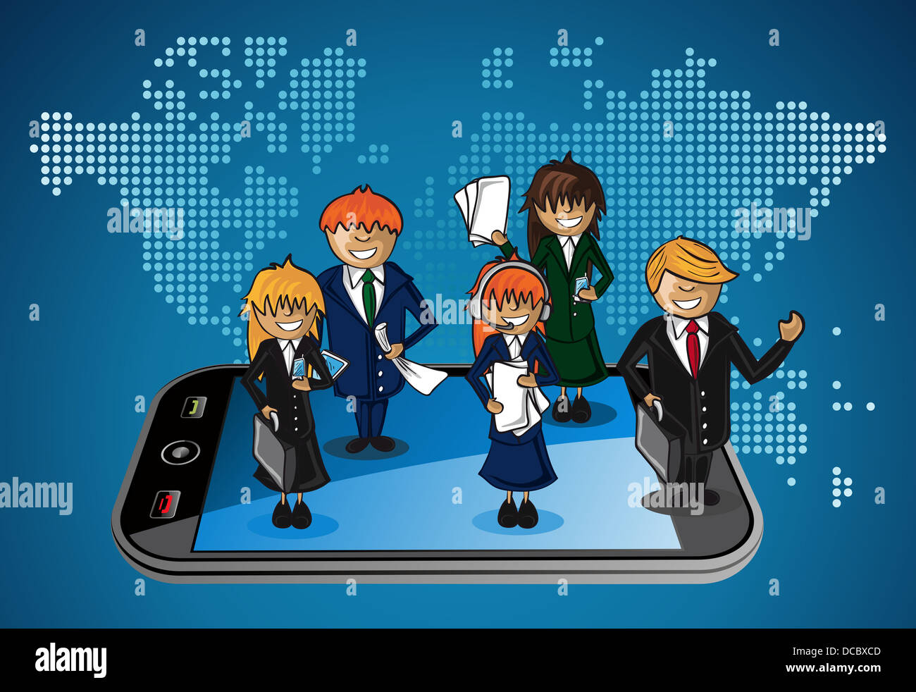 Smart phone carte du monde business application personnes équipe cartoon. Fichier vectoriel pour plusieurs niveaux de personnalisation facile. Banque D'Images