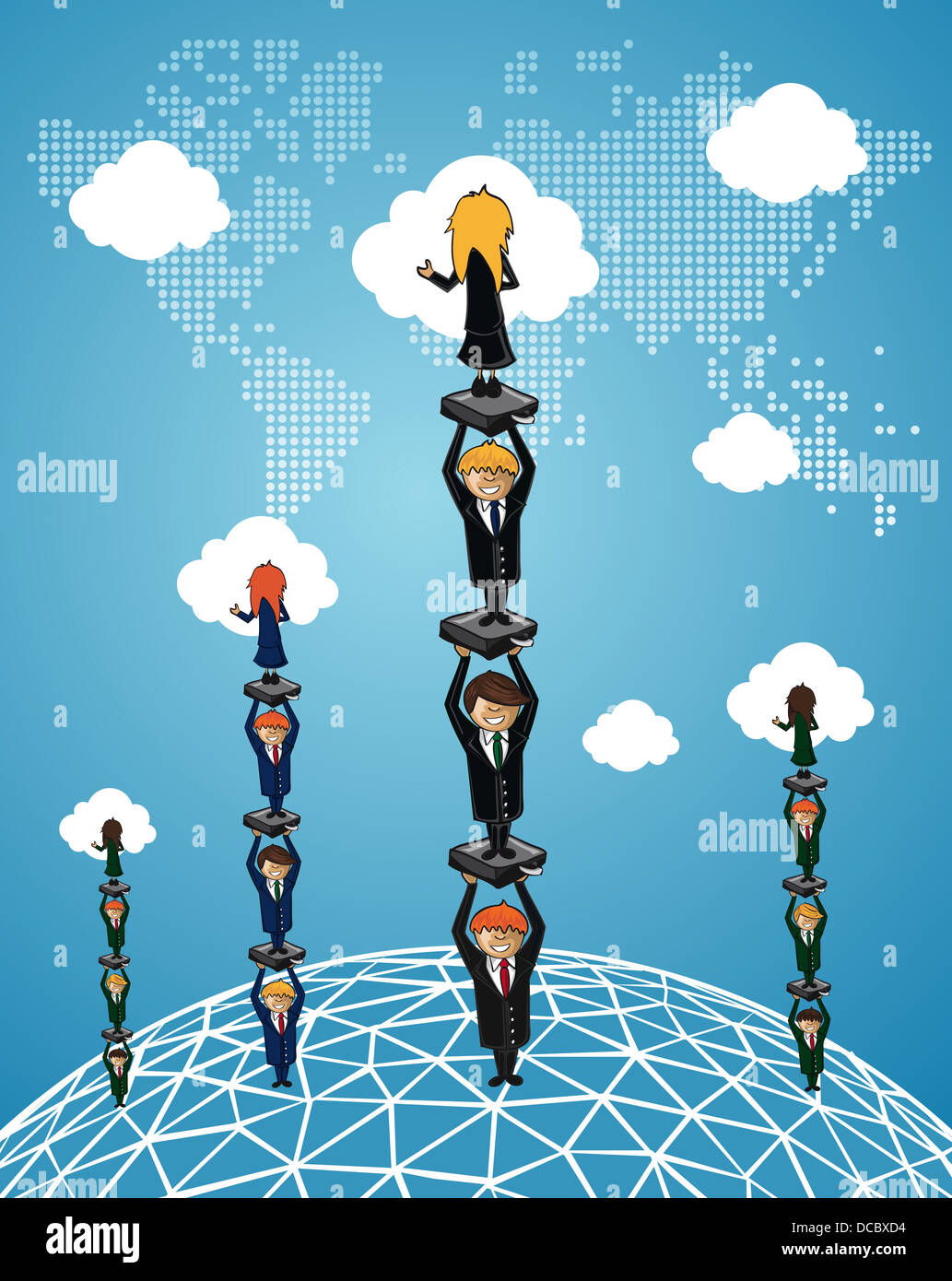 Les gens d'affaires mondial du groupe de travail le succès en utilisant le cloud computing cartoon illustration. Couches de fichier vectoriel pour une manipulation facile et coloris. Banque D'Images