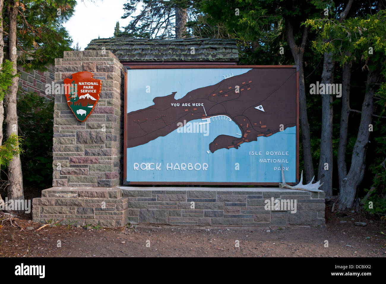National Park Service panneau de bienvenue à Rock Harbor, Isle Royale National Park, Michigan, United States of America Banque D'Images