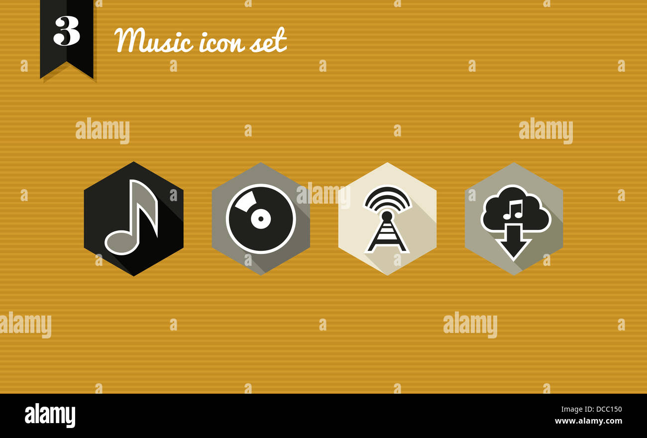 Télévision musique icon set : app en ligne jouer écouter télécharger des chansons. Couches de fichier vectoriel pour faciliter les modifications. Banque D'Images