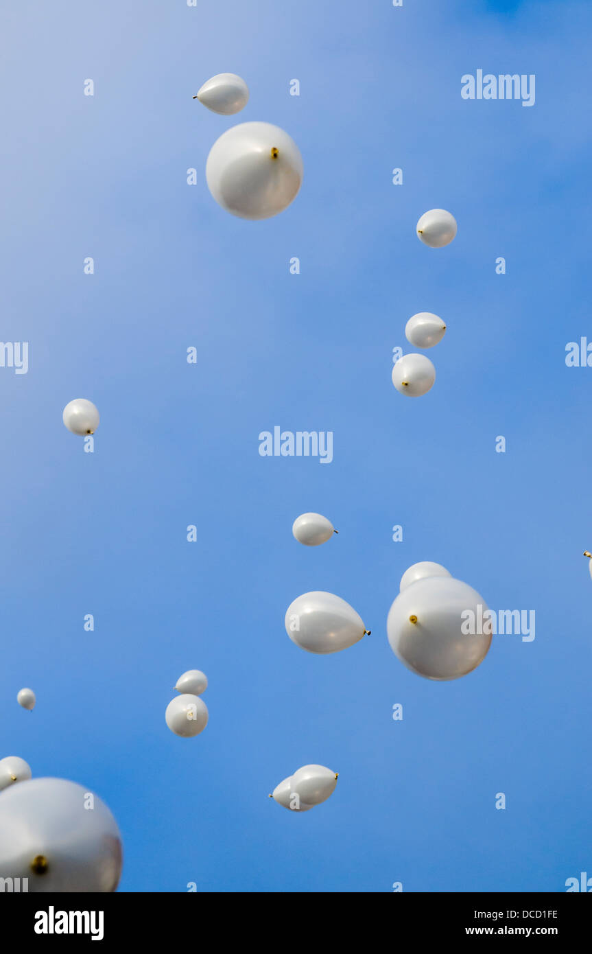 Ballons à l'hélium blanc sont libérés dans le ciel Banque D'Images