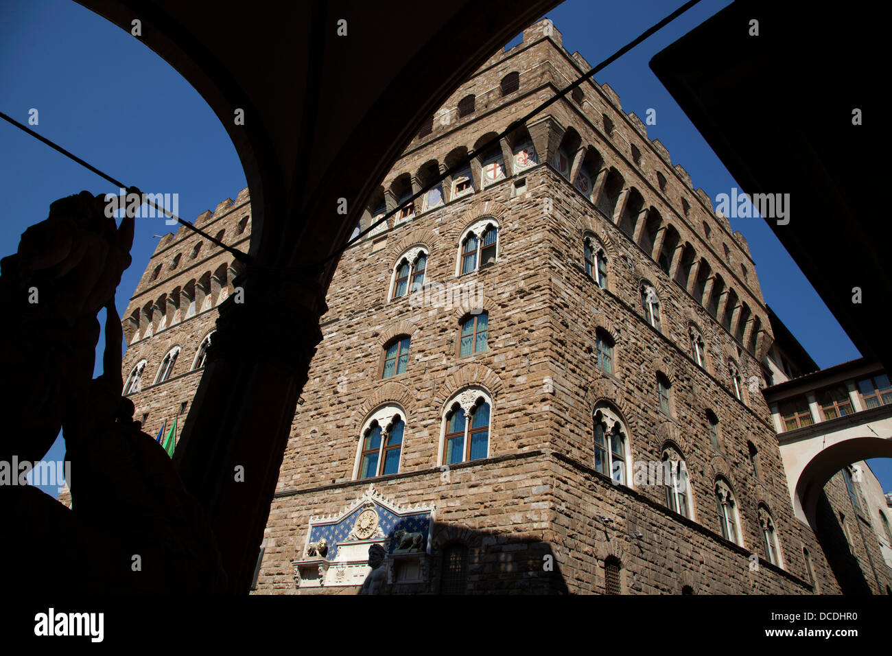 Détail de l'hôtel Palazzo Vecchio à Florence, Italie. Banque D'Images