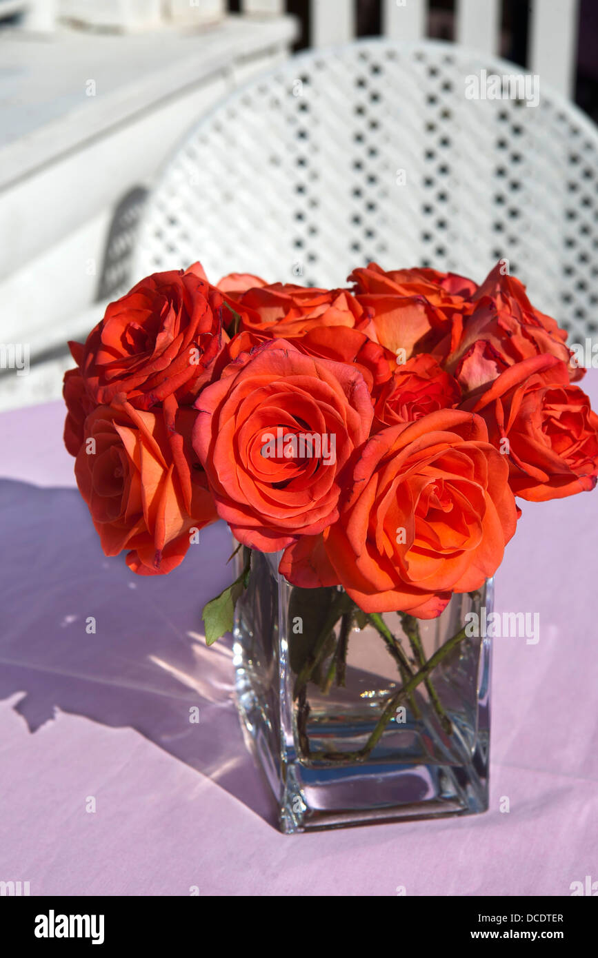 Rose rouge 'Grand' dans le vase en verre transparent comme une décoration de table de mariage Banque D'Images