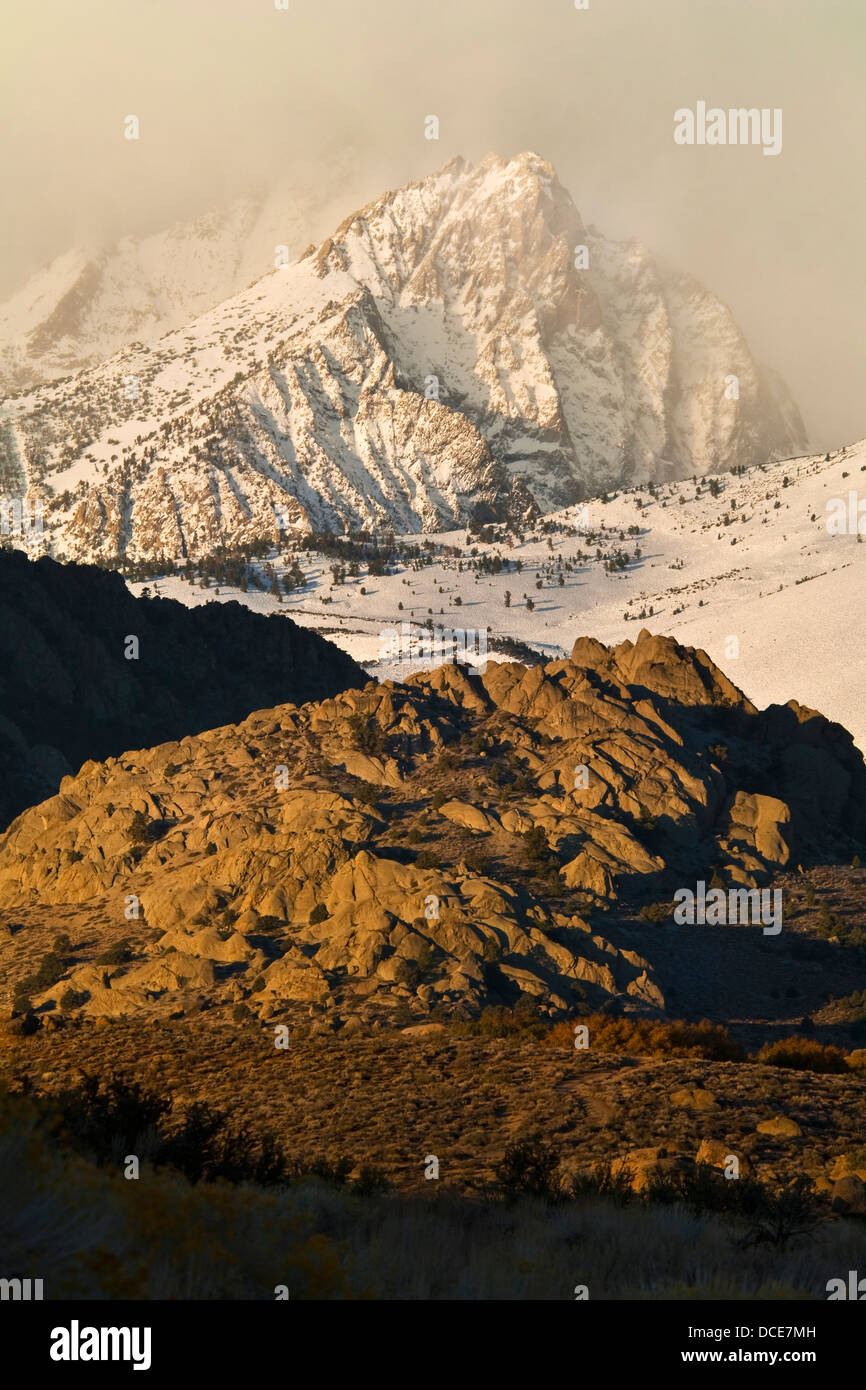 Tempête de neige dans les montagnes au-dessus de la région de babeurre, l'Est de la Sierra, en Californie Banque D'Images