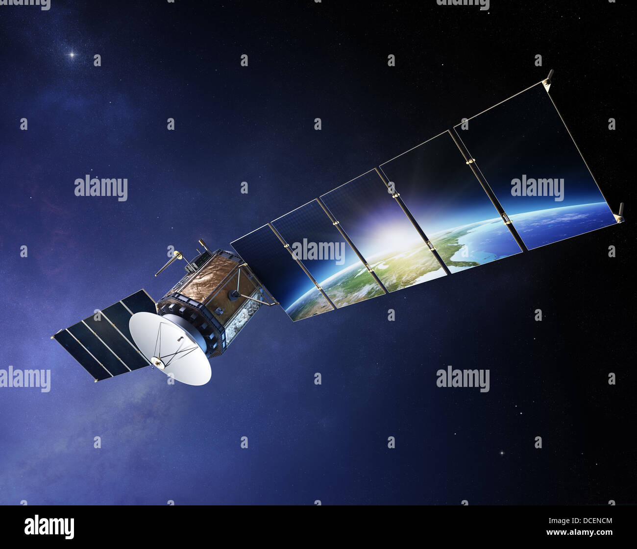 Les communications par satellite avec terre reflétant dans les panneaux solaires ( éléments de cette image 3D fourni par la NASA) Banque D'Images