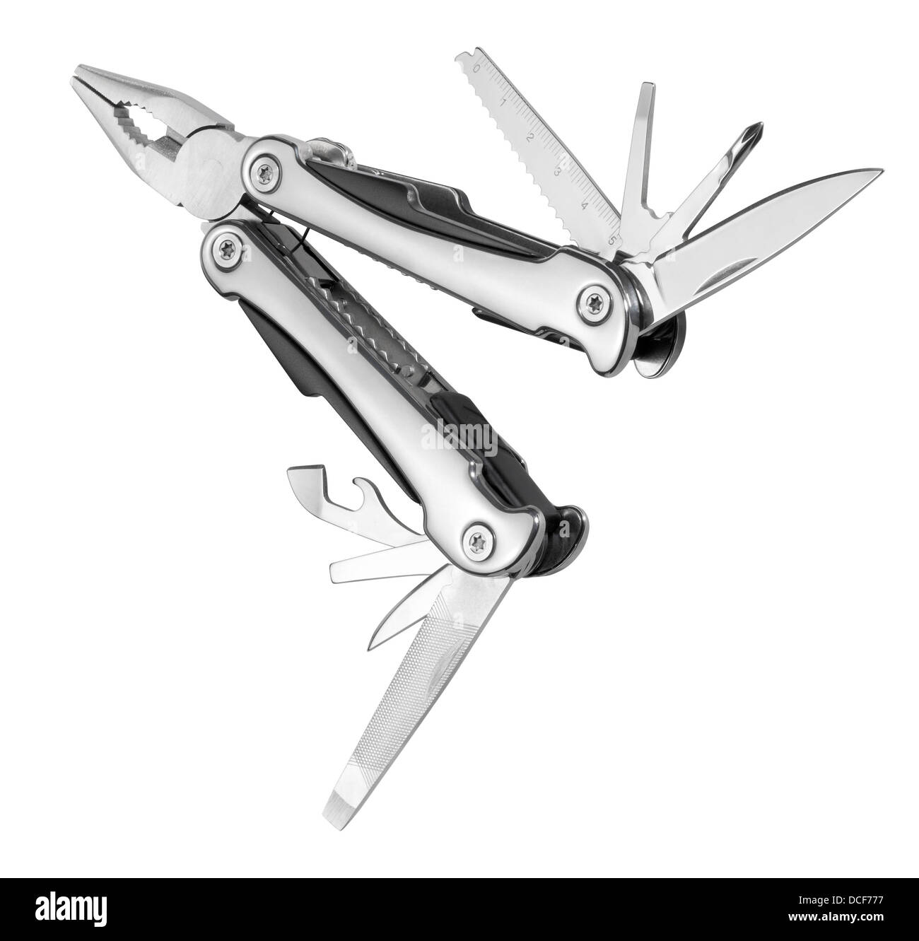 Un multitool métallique isolated on white Banque D'Images