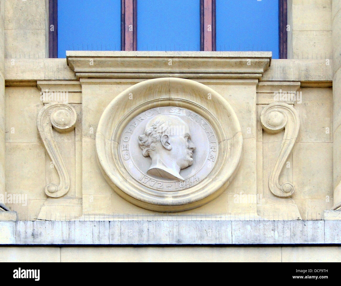 Etienne Geoffroy Saint-Hilaire. Cinquième mascaron (à gauche), façade de la Grande Galerie de l'évolution dans le Jardin des Plantes de Paris Banque D'Images