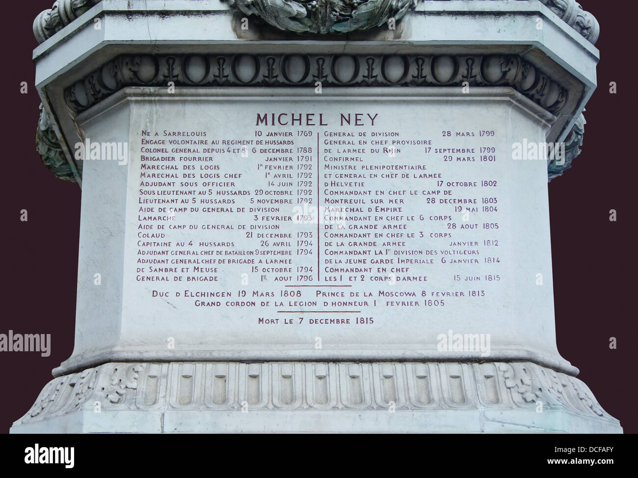 Statue du Maréchal Michel Ney (la plus brave des braves) à Paris, concernant sa carrière militaire pendant la Révolution et Napole Banque D'Images