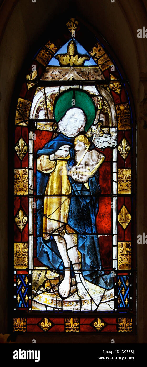 St Jean Baptiste. Vitrail, Château de Breteuil, Chapelle, France Banque D'Images