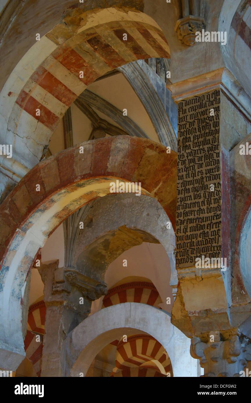 Inscription funéraire en espagnol, liés à la mort 1480, peint sur un pilier de l'ancienne mosquée (cathédrale) de Cordoue, Espagne Banque D'Images