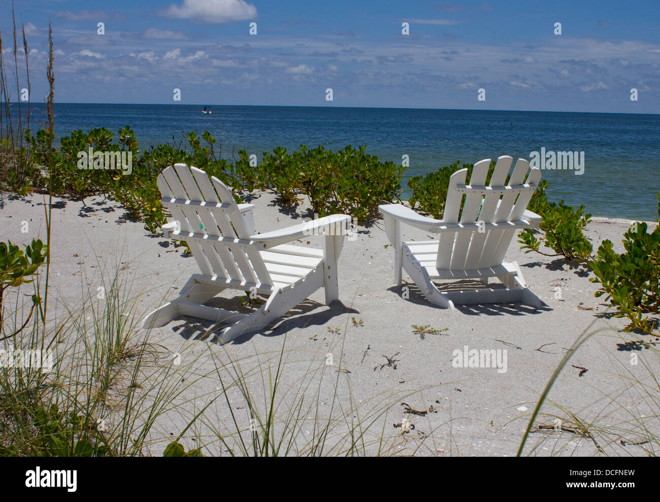 Deux chaises Adirondack sur une plage Banque D'Images