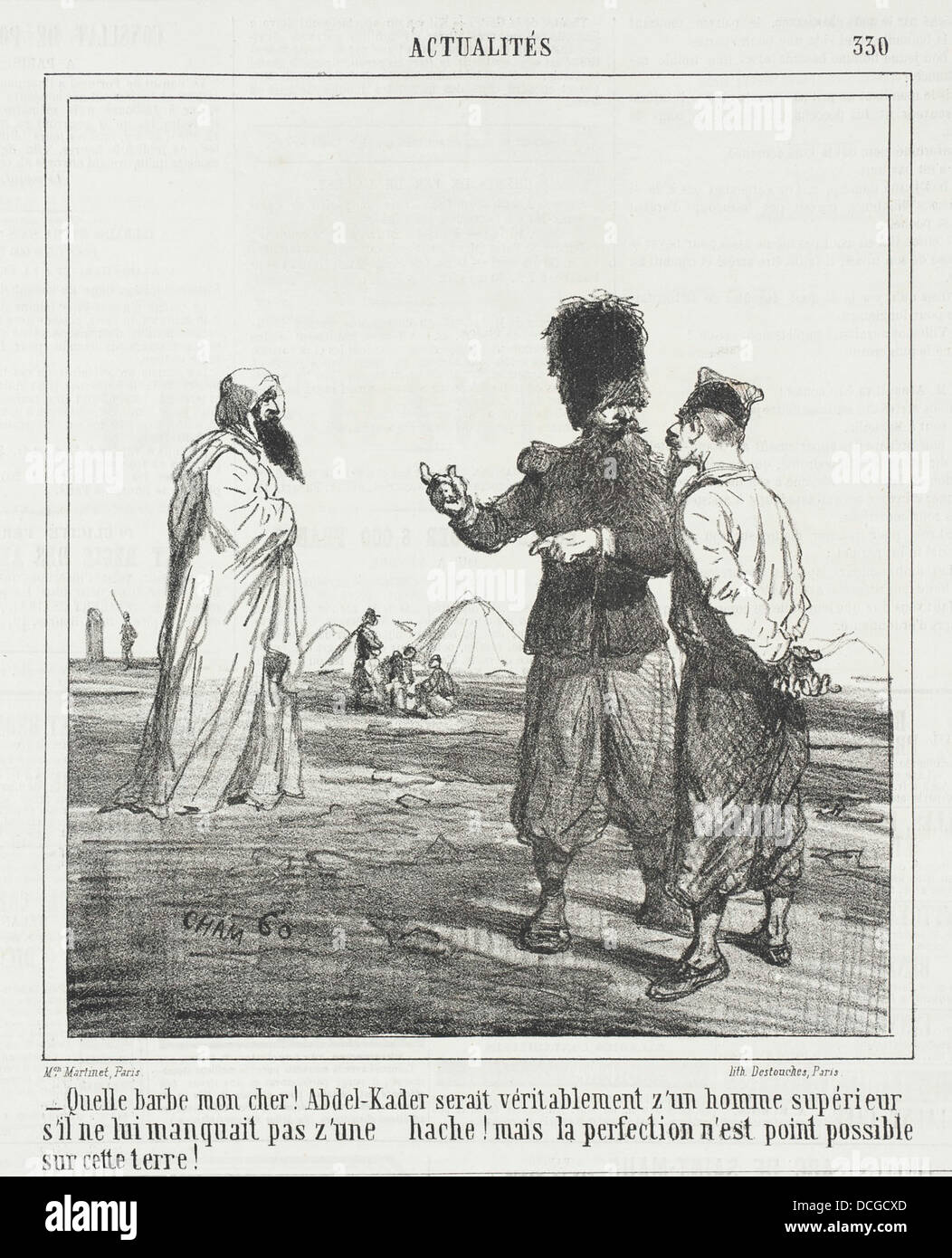 Cette illustration satirique présente une citation humoristique faisant référence à Abdel Kader, présentée dans une œuvre française du XIXe siècle. Il fait partie de la collection LACMA de pièces culturelles historiques. Banque D'Images