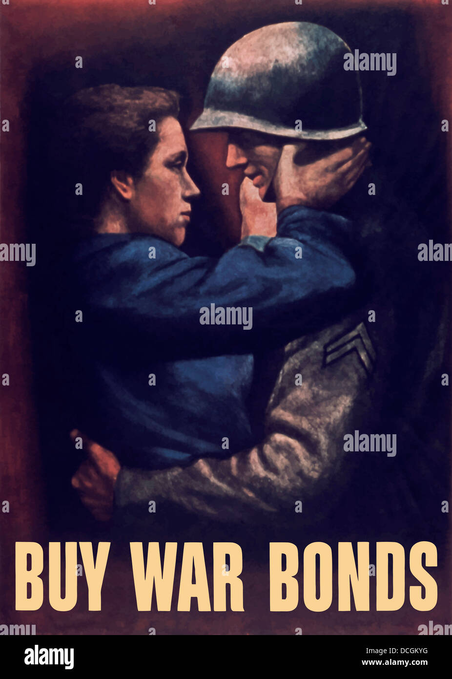 Vintage La Seconde Guerre mondiale affiche de propagande d'un soldat en embrassant une femme. Il lit, acheter des obligations de guerre. Banque D'Images