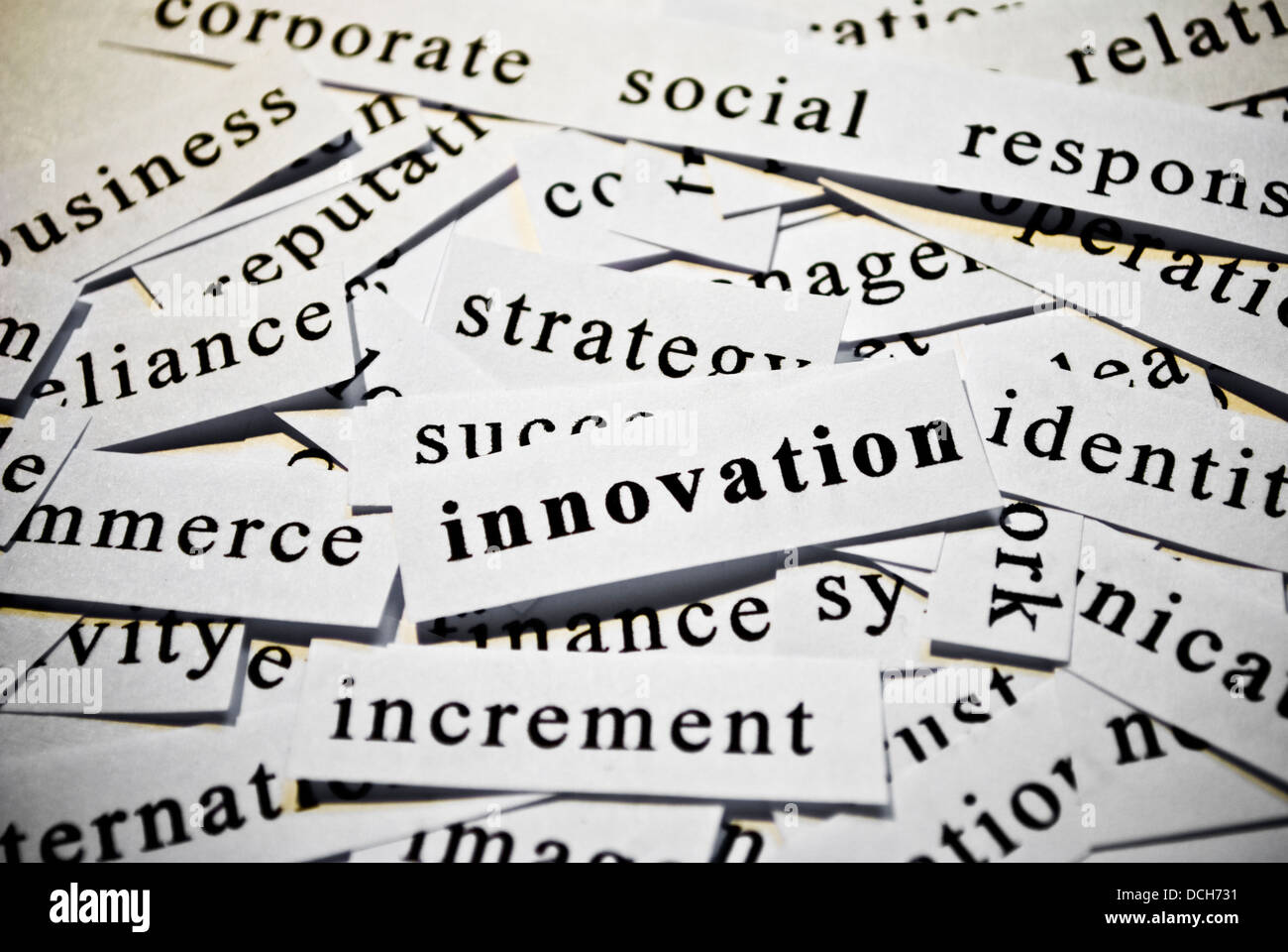 L'innovation. Concept de cut-out des mots liés aux activités de l'entreprise Banque D'Images