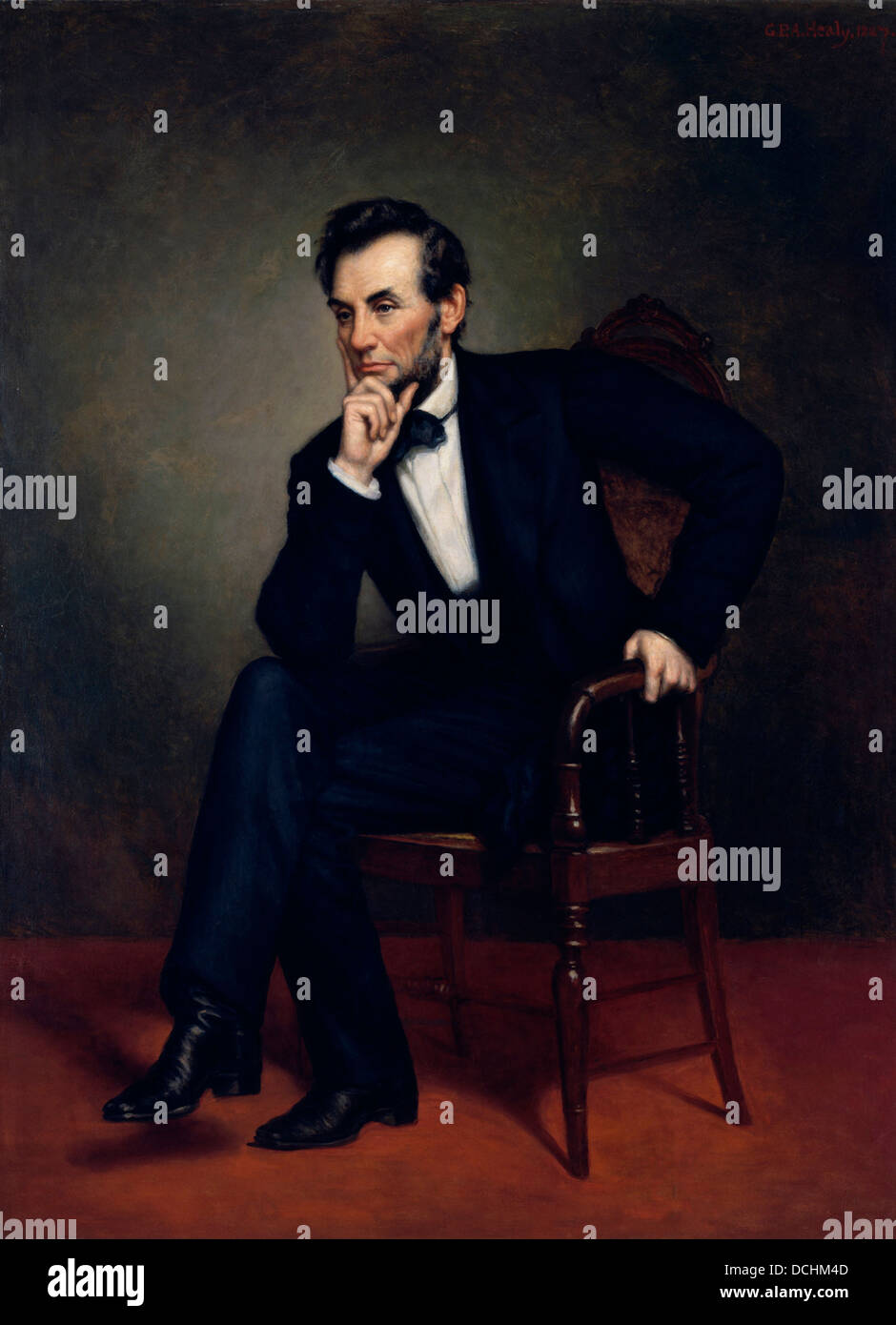 American Vintage peinture guerre civile du président Abraham Lincoln assis sur une chaise. Banque D'Images