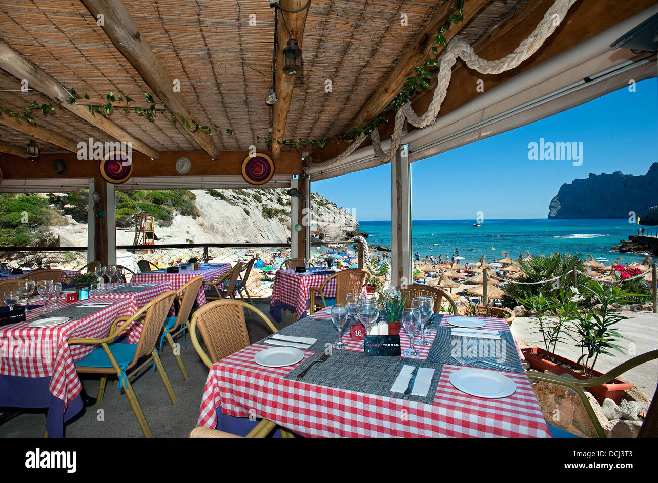 Restaurant Bar de plage à Cala Barques, Cala San Vicente, Majorque, Baleares, Espagne Banque D'Images