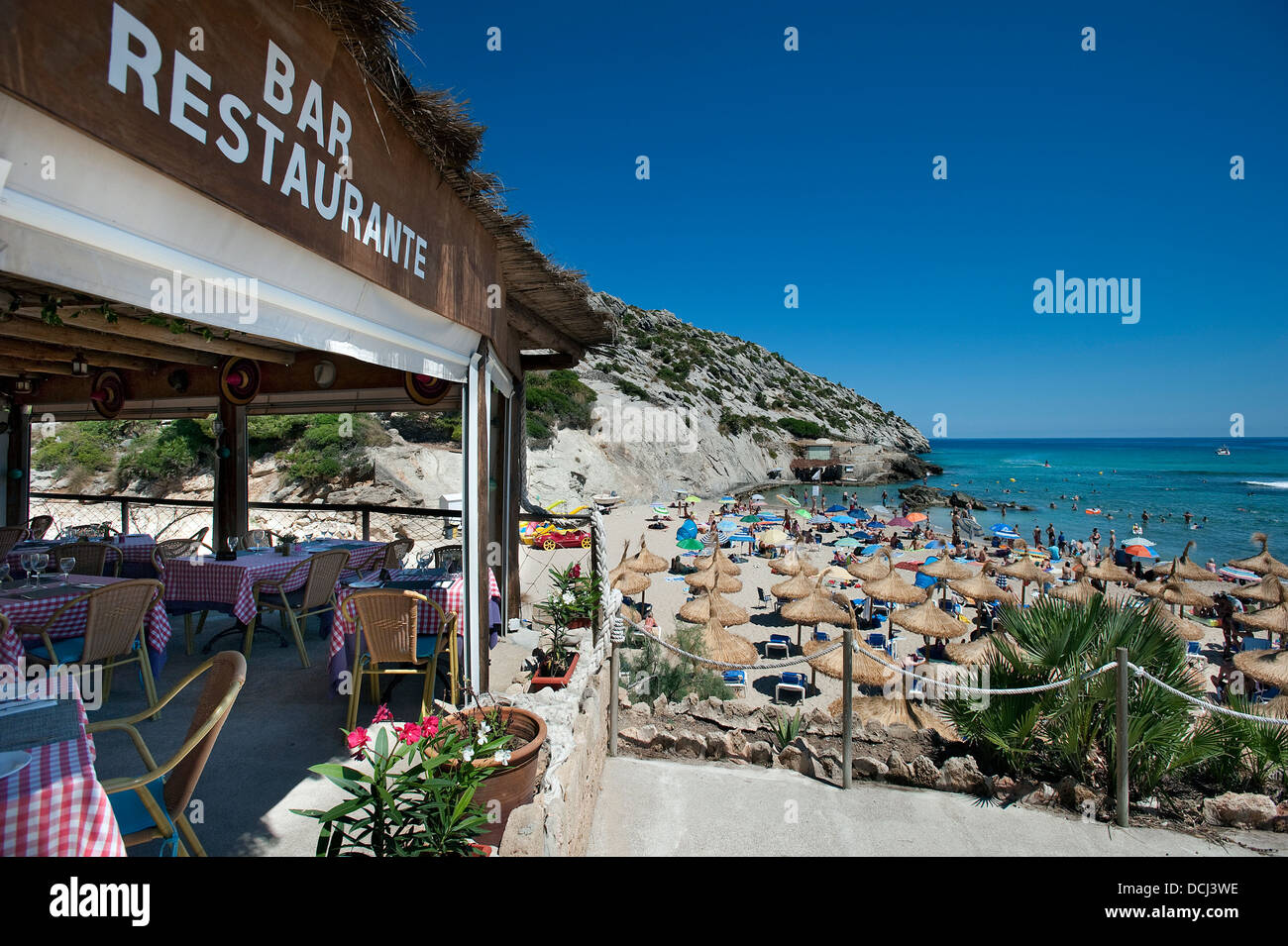 Restaurant Bar de plage à Cala Barques, Cala San Vicente, Majorque, Baleares, Espagne Banque D'Images