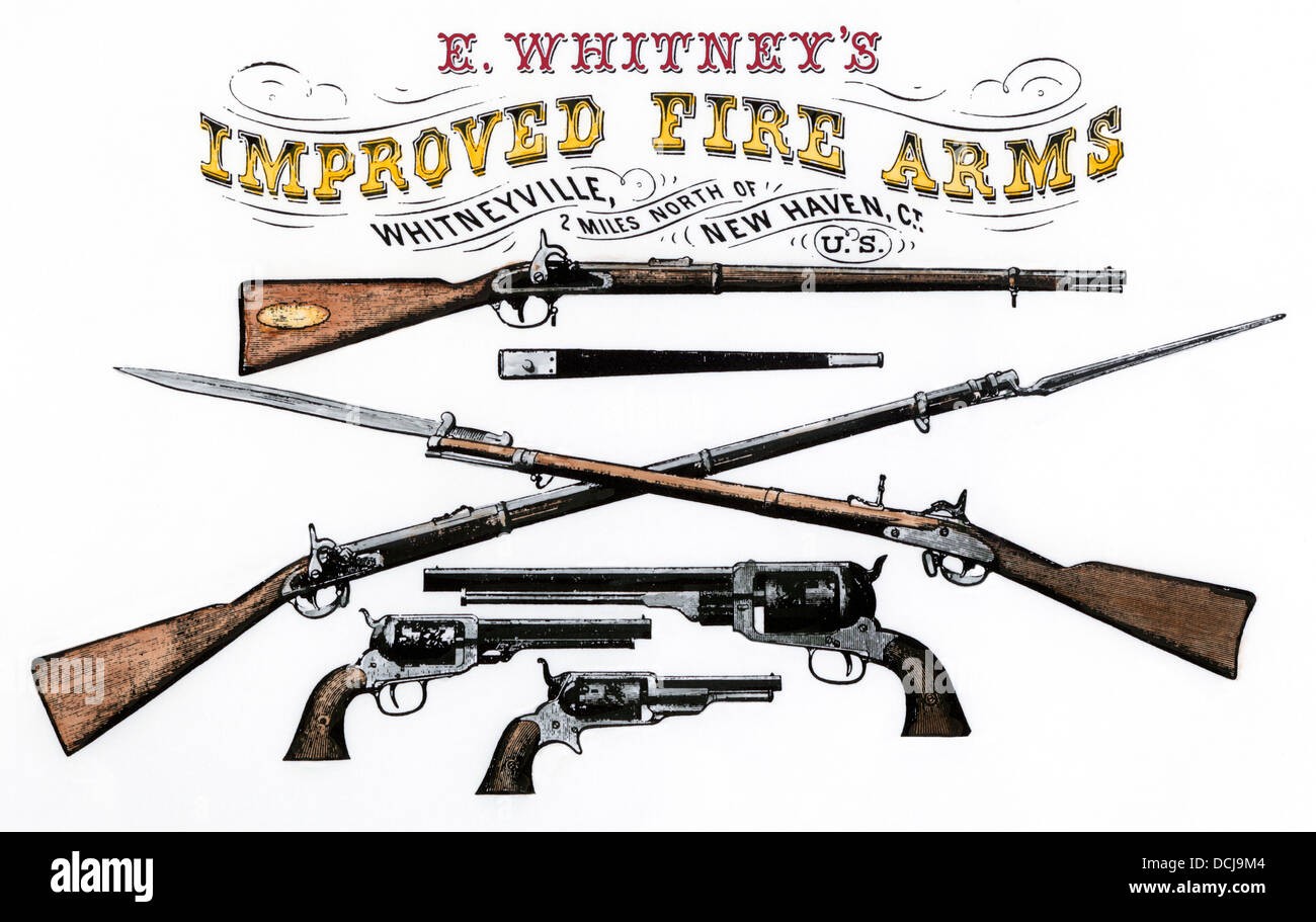 Publicité pour l'amélioration de Whitney d'armes à feu, 1800. À la main, gravure sur bois Banque D'Images