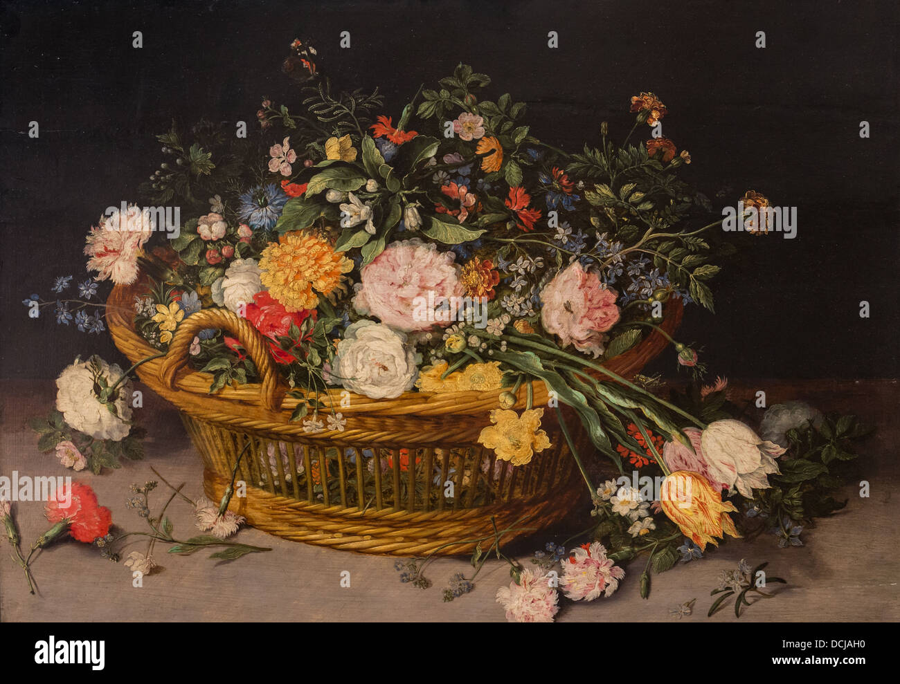 17e siècle - un panier de fleurs - Jan Brueghel le Jeune (1620) - Metropolitan Museum of Art - New York Huile sur toile Banque D'Images
