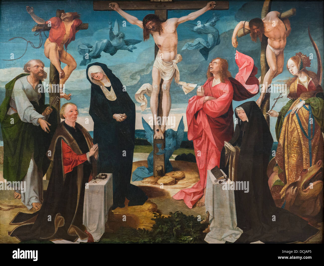 16e siècle - La Crucifixion avec les donateurs et les Saints Pierre et Margaret - Cornelis Engebrechtsz (1525) Huile sur bois Banque D'Images