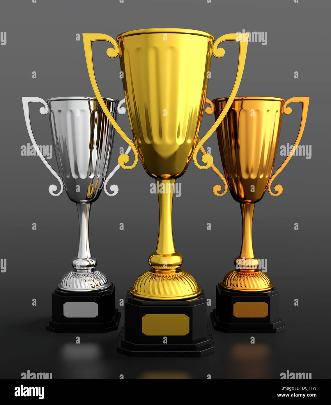 3D render of or argent et bronze trophy tasses sur fond noir Banque D'Images