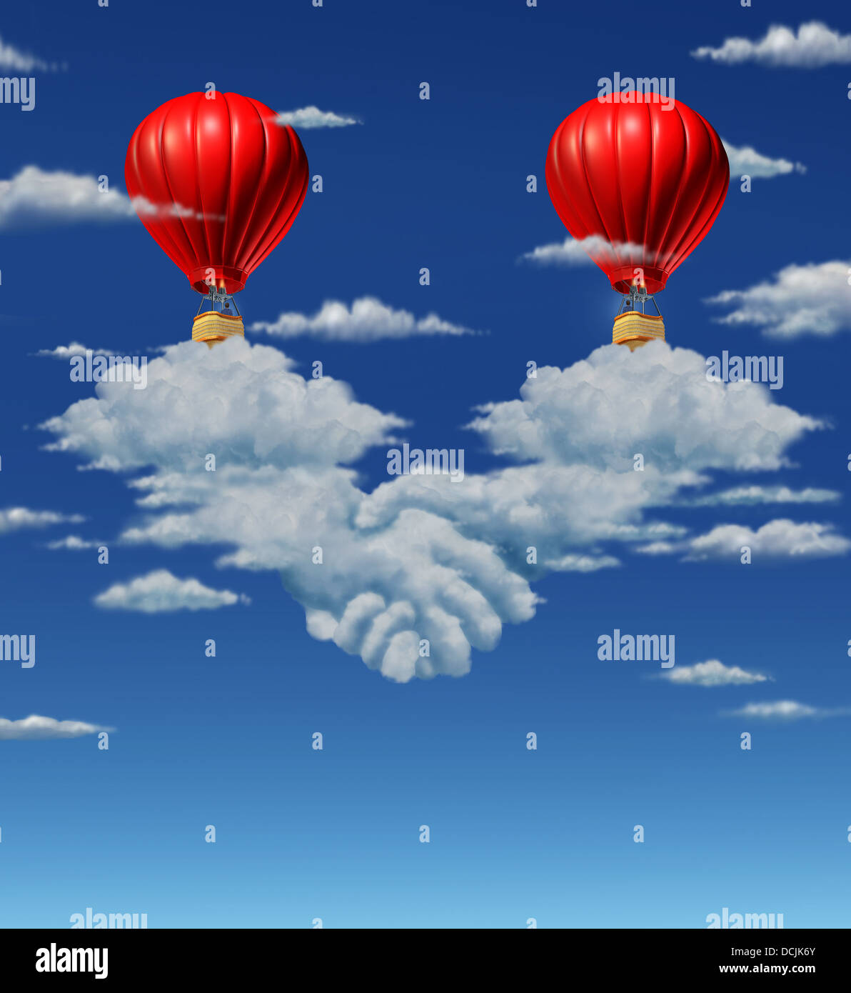 Concept d'entreprise accord à enjeux élevés avec deux ballons à air chaud rouge avec des hommes d'affaires venant ensemble et volant au-dessus d'un groupe de nuages qui sont en forme de poignée de main secouer ou comme un symbole symbole financier de gros contrats. Banque D'Images