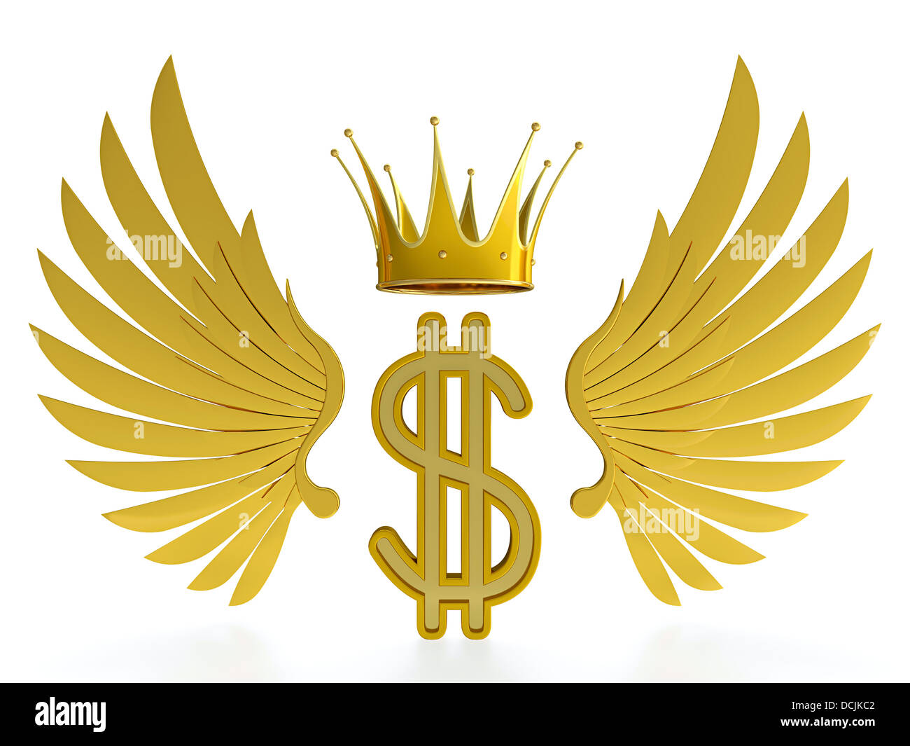Symbole dollar doré avec des ailes et couronne sur fond blanc Banque D'Images
