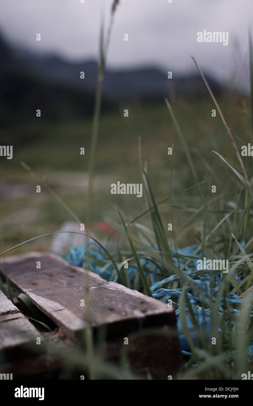 Driftwood et corde dans une dune de sable herbeux Banque D'Images