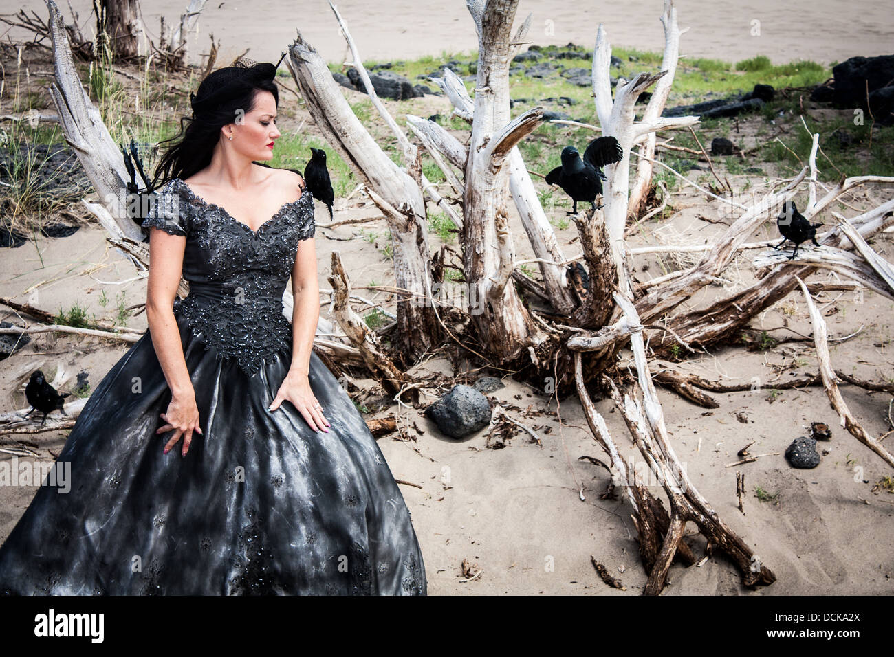 Une femme aux cheveux noirs dans une robe de mariage noir entouré de corbeaux Banque D'Images