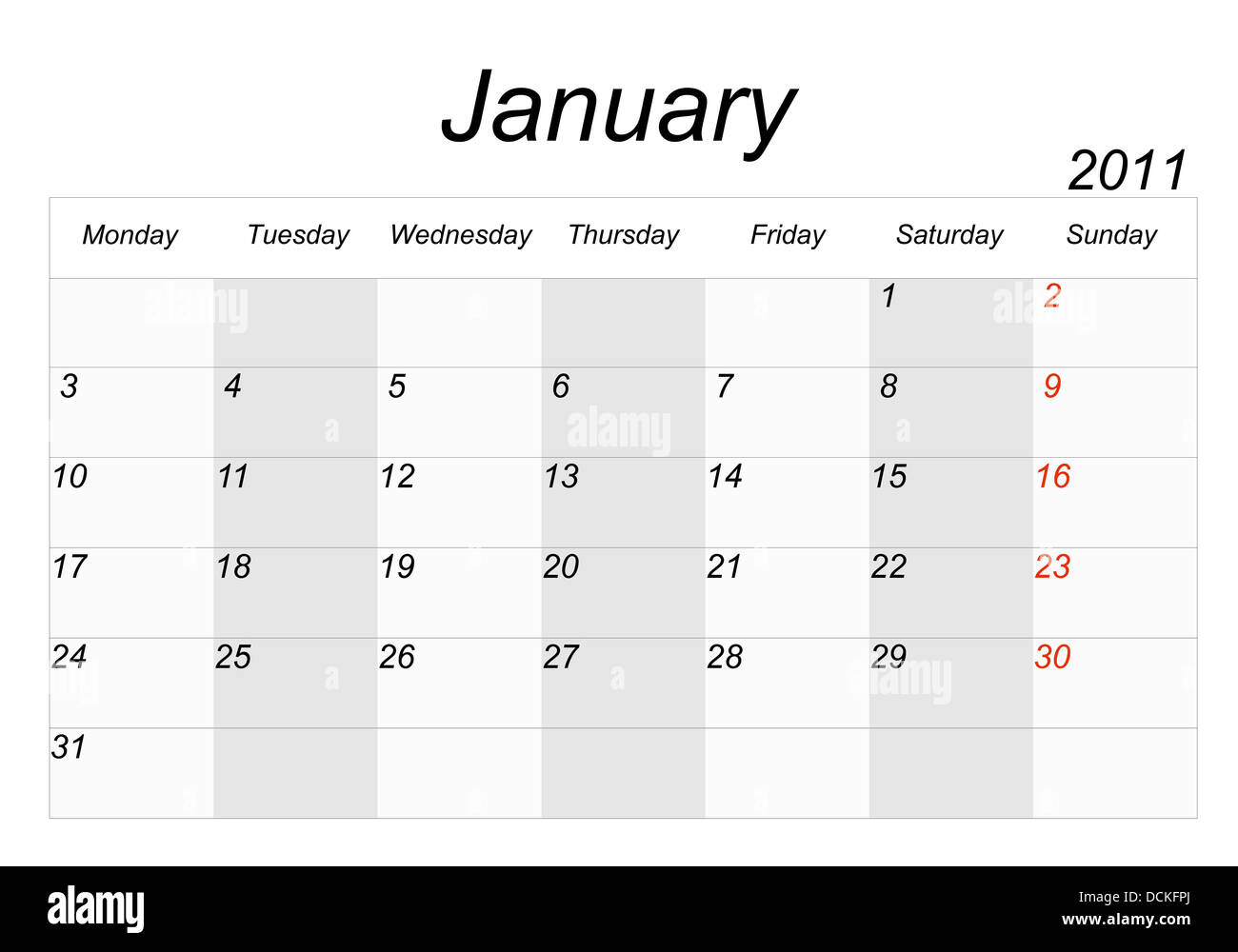 Le calendrier 2011, le mois de janvier Photo Stock - Alamy