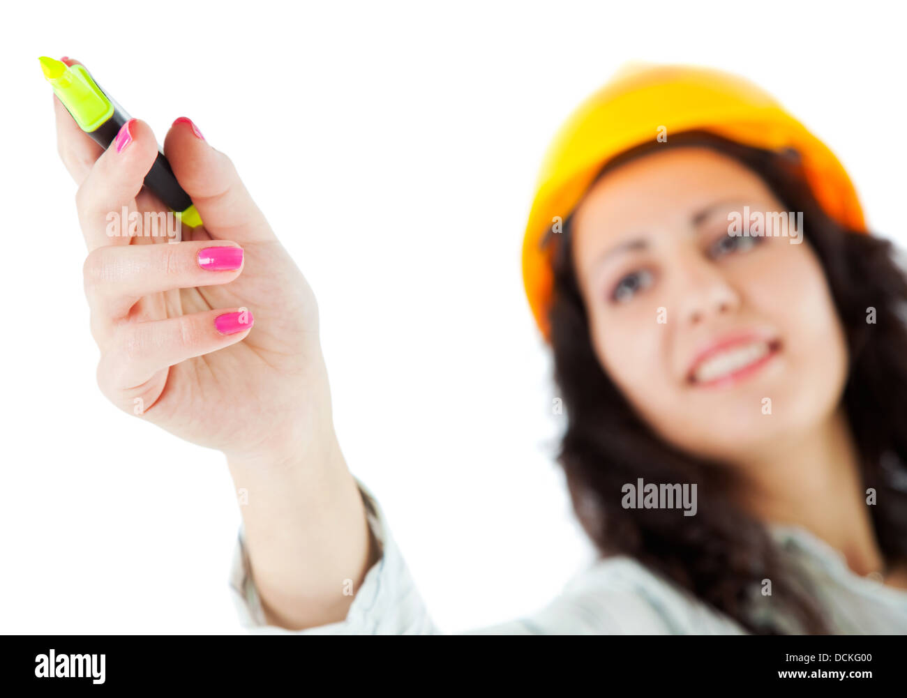 Marqueur de pointage femme hardhat Banque D'Images