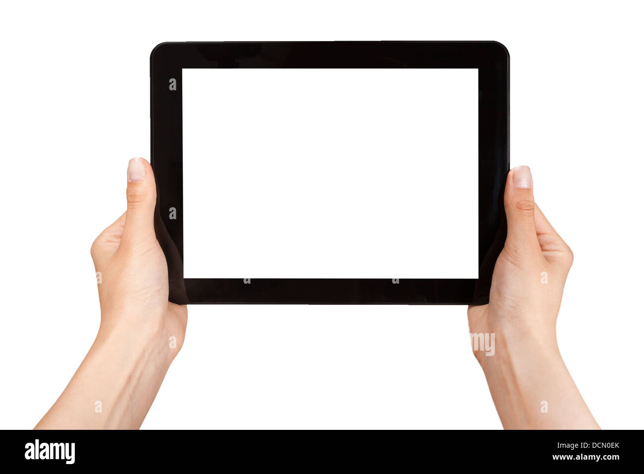 Female hands holding a tablet touch gadget Ordinateur avec écran isolé Banque D'Images