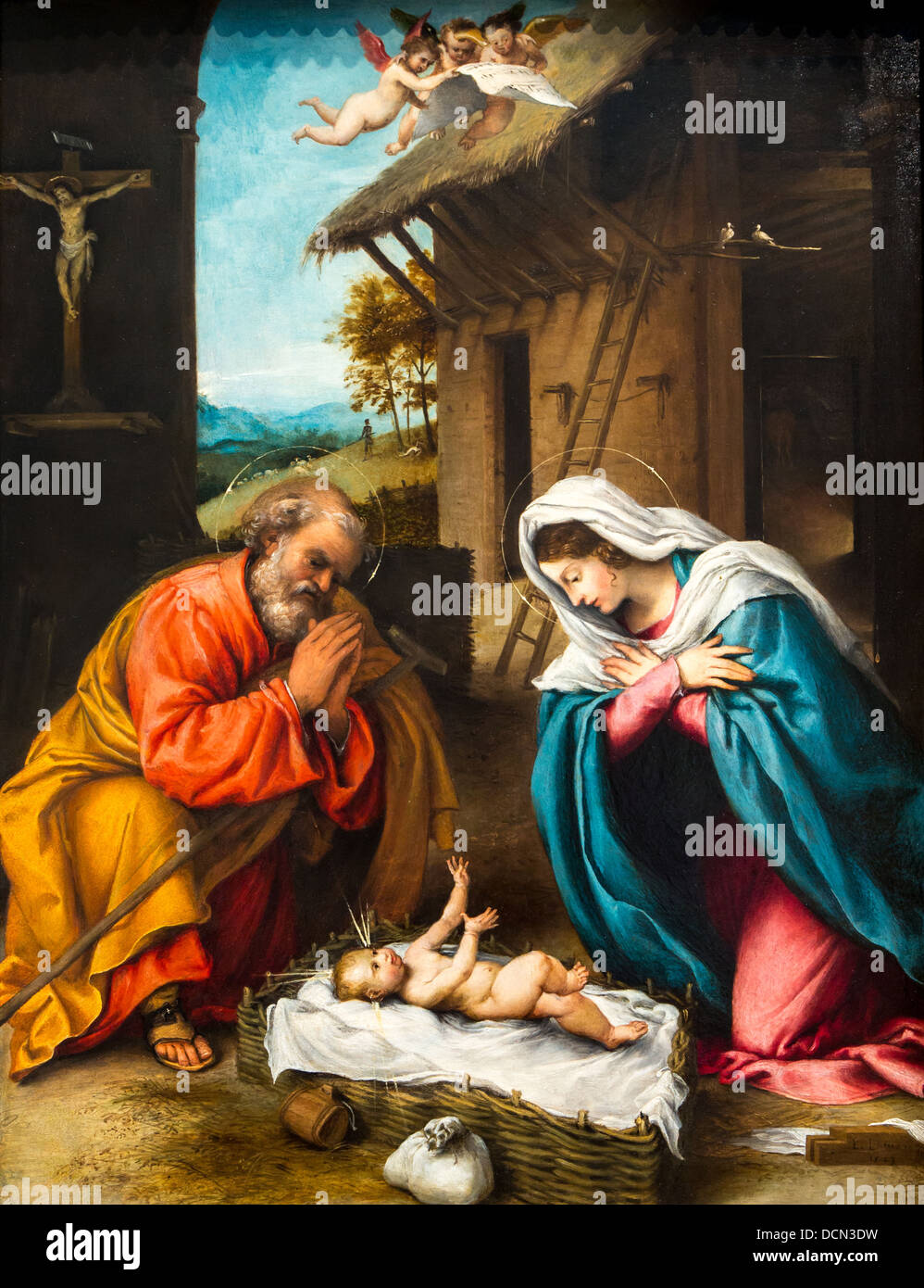 16e siècle - La Nativité, 1523 - Lorenzo Lotto Philippe Sauvan-Magnet / Active Museum Banque D'Images