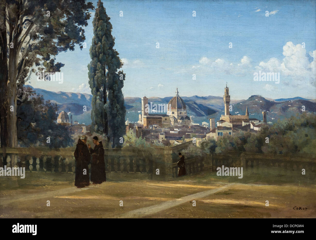 19ème siècle - voir Florence depuis les jardins de Boboli - Camille Corot (autour de 1840) - Musée du Louvre - Paris Huile sur toile Banque D'Images