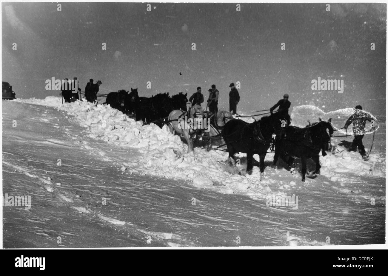 Cette photo montre une équipe de huit chevaux et plusieurs hommes travaillant à libérer un autobus scolaire piégé dans des dérives de neige à Allen, Dakota du Sud. Banque D'Images