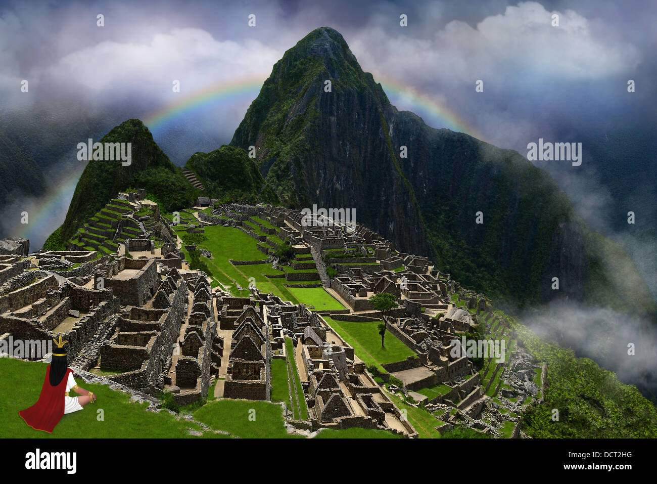 Illustration, collage, dessin et art numérique le grand empereur des Incas dans la cité perdue de Machu Picchu. Banque D'Images