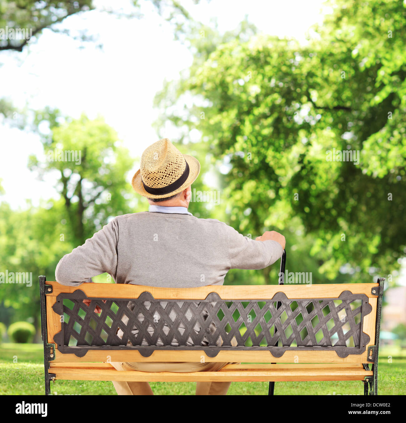 Homme mûr se reposant sur un banc de bois park Banque D'Images